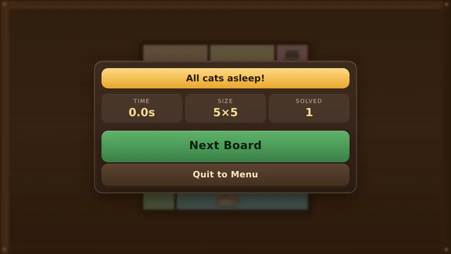 The All cats asleep! panel after a 5×5 board: time 0.0s, solved 1, with Next Board and Quit to Menu buttons