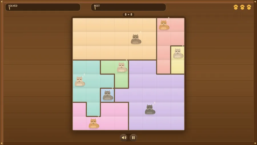A finished 8x8 board with a cat sleeping in every patch, and the Solved counter now showing 1.