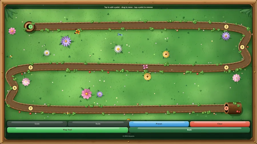 El Trail Editor con un sendero serpenteante de ocho puntos y, debajo, Undo, Redo, Preset, Clear, Play Trail y Back