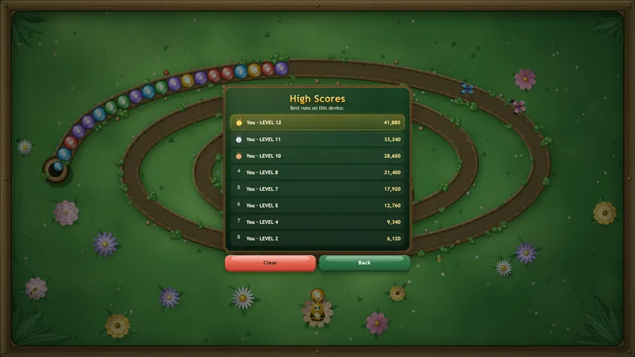 High Scores: ocho partidas, desde Level 12 con 41.880 hasta Level 2 con 6.120, medallas para los tres primeros, Clear y Back