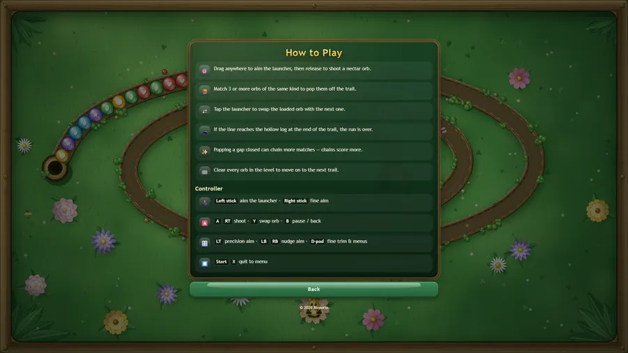 How to Play: seis reglas ilustradas, de apuntar el lanzador a despejar un sendero, y una lista Controller de cuatro líneas