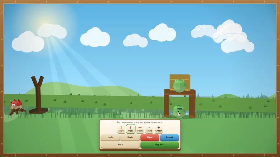 Fort Builder: a sling, a wooden frame with two green critters, and Straw, Wood, Beam, Stone, Critter with Play Fort