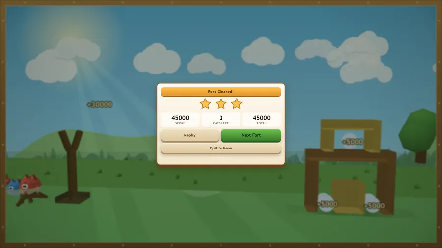 Fort Cleared! three stars, Score 45000, Cats Left 3, Total 45000, and Replay, Next Fort and Quit to Menu