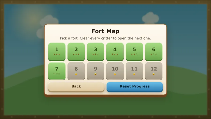 Fort Map: pick a fort, twelve tiles with the first seven open and starred, the rest locked, Back and Reset Progress
