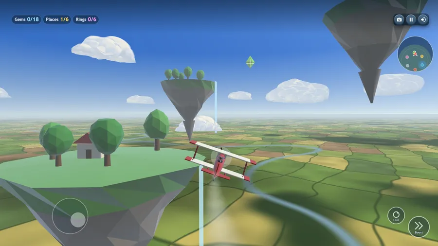 Chase camera flying past floating islands with trees, a cottage and waterfalls over patchwork fields