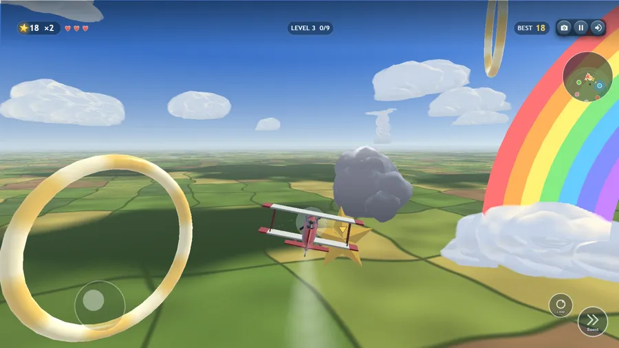 Star Quest level 3: a dark storm cloud beside a gold star, a gold ring to fly through and a rainbow arch