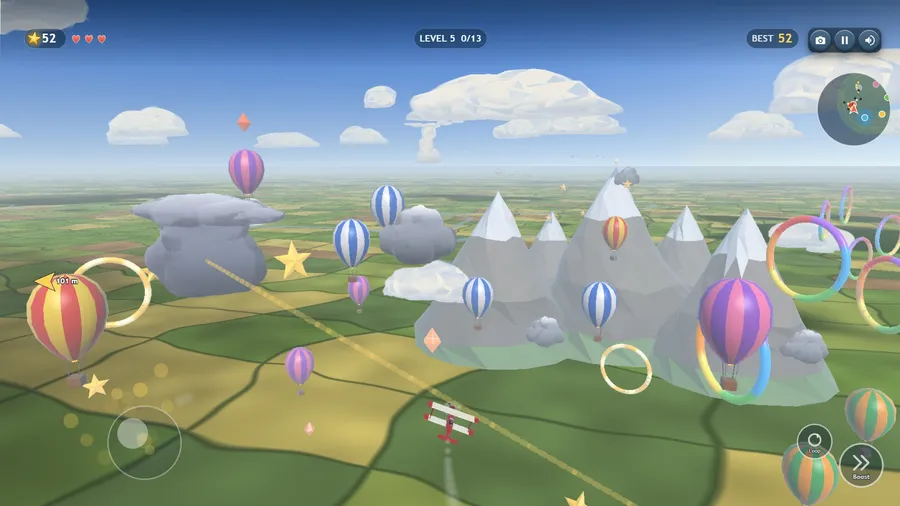 Star Quest level 5 from the high camera: the supercell's dashed strike line runs toward the biplane