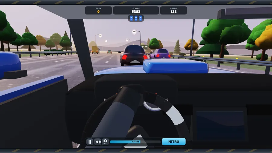 Cockpit camera: dashboard, gauges, a wheel turned mid lane change, gloved hands, the blue muscle car's bonnet