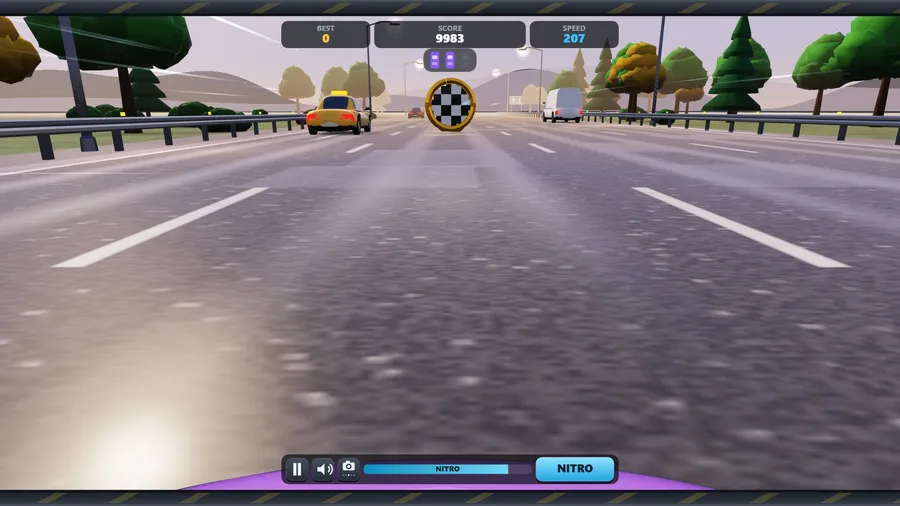 Hood camera at 207 km/h: the road rushing under a purple hypercar's bonnet toward a taxi and a flag token in the evening haze