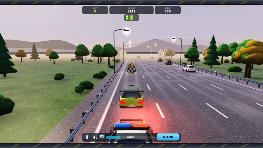 Far chase camera: a green rally hatch with a police cruiser close behind, its red and blue lights washing over the road