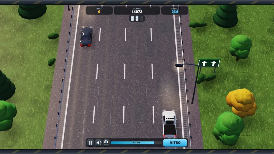 Top-down camera late in a run: a silver pickup at 236 km/h weaving through traffic on a four-lane highway