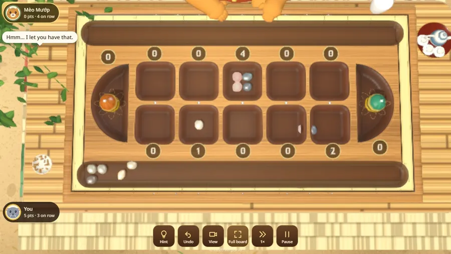 A capture in motion: stones fly from the emptied pit into the capture trough, and the score ticks up.
