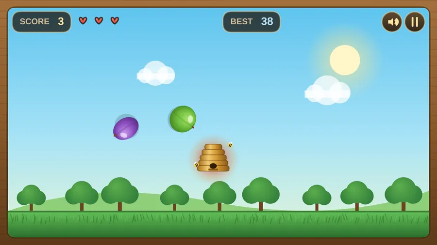 A tossed green fruit and a purple plum fly above a glowing beehive in the orchard, with score 3 and three hearts.