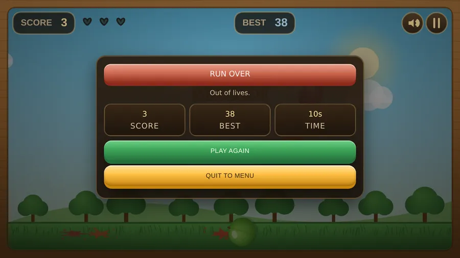 A RUN OVER card, Out of lives.: score 3, best 38, time 10s, with Play Again and Quit to Menu above splattered fruit