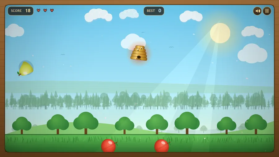 Fruit is tossed into the air while a beehive hazard floats among them, with score 18 and three hearts.