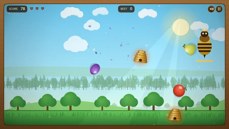 A giant bee flies in as plum, apple, pear and hive objects fill the sky, with score 78 and three hearts.