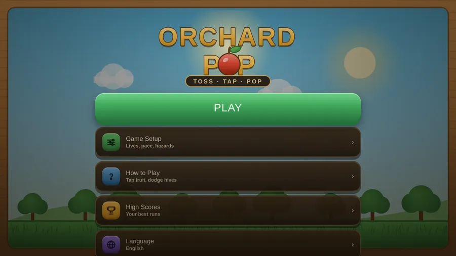 The English title menu under the TOSS · TAP · POP logo: Play, Game Setup, How to Play, High Scores and Language