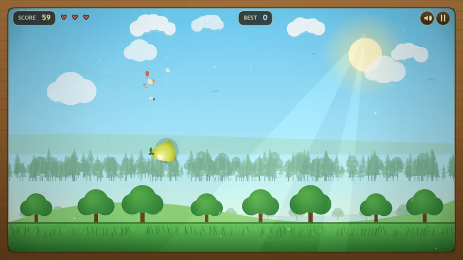 A pear flies up with a puff of fruit-pop confetti nearby on a sunny day, score 59 and three hearts.