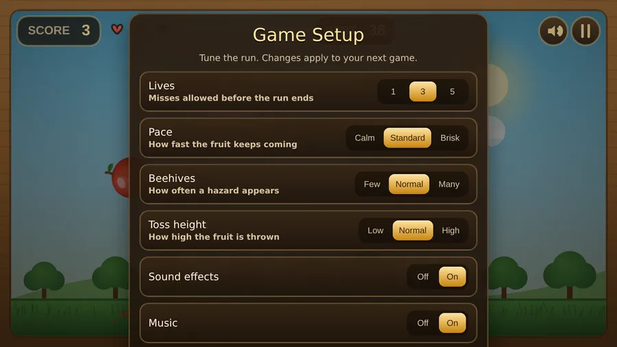 Game Setup: Lives 1, 3 or 5, Pace Calm to Brisk, Beehives Few to Many, Toss height Low to High, sound effects and music