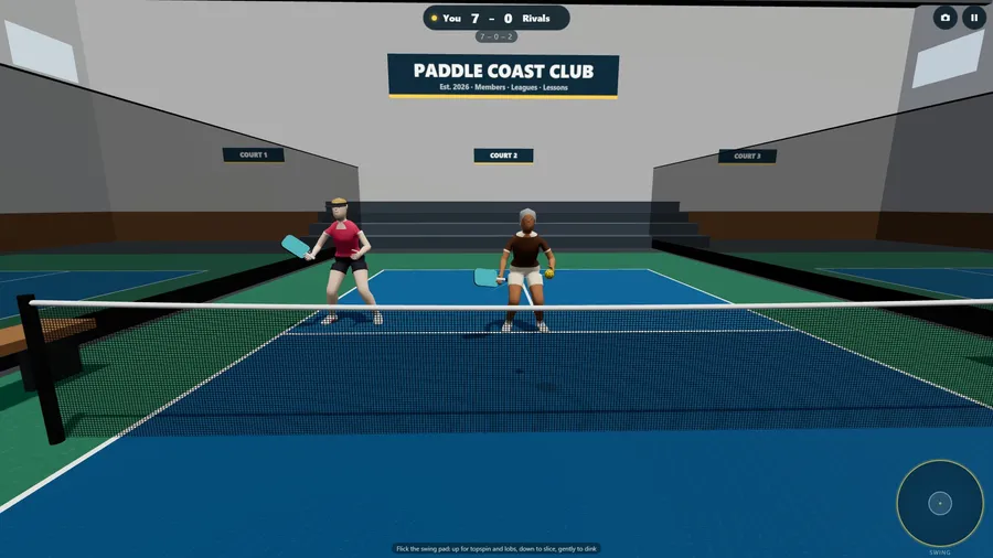 First-person view looking over the net at two opponents on the far side.