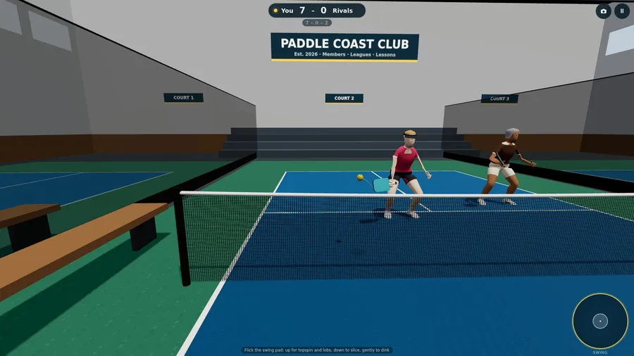 First-person view looking over the net at two opponents on the far side.