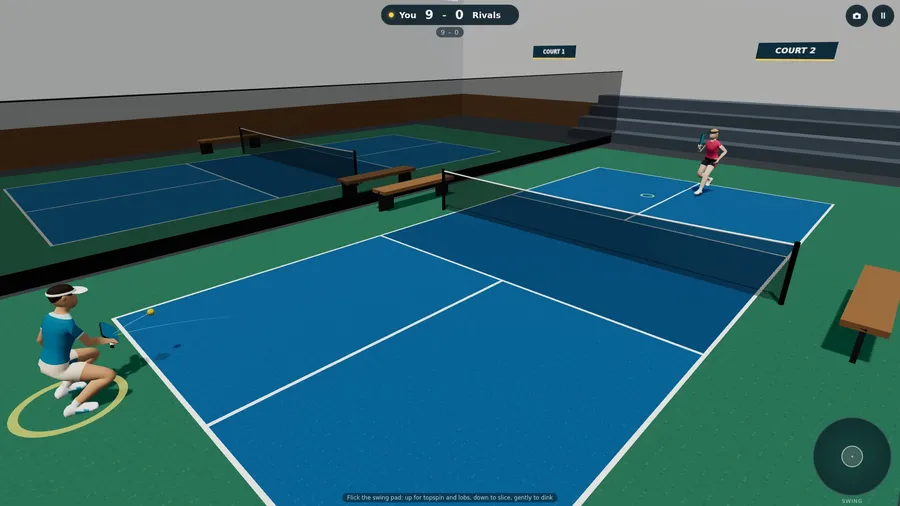 Singles from the side view: you crouch for a low ball while the rival waits across the net.