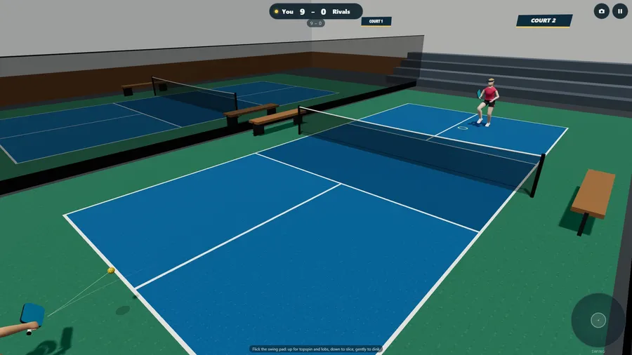 Singles from the side view: you crouch for a low ball while the rival waits across the net.