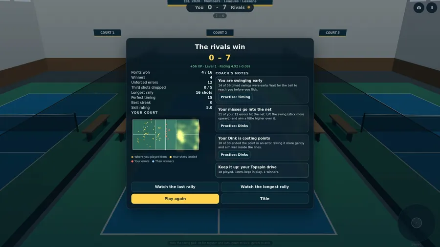 Results after a loss: the score, a court map of your shots and errors, and coach's notes with drills.