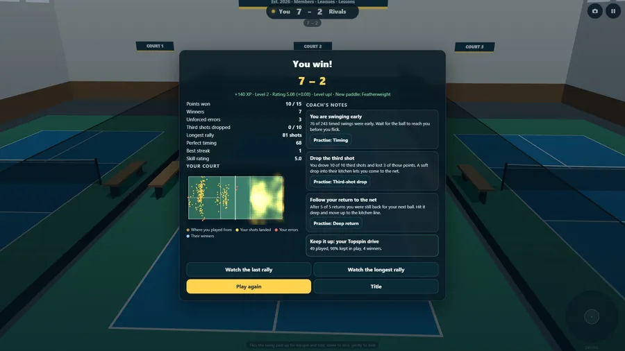 Results after a loss: the score, a court map of your shots and errors, and coach's notes with drills.