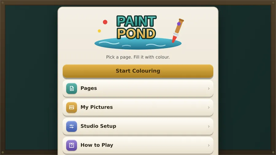 Paint Pond menu, tagline Pick a page. Fill it with colour., over Start Colouring, Pages, My Pictures, Studio Setup