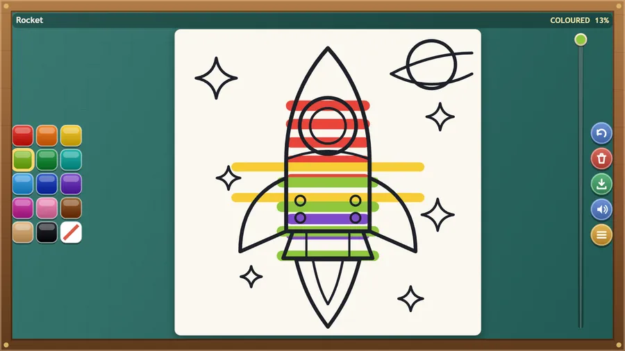 A rocket page being coloured with red, yellow, green and purple stripes, with 13 percent coloured.