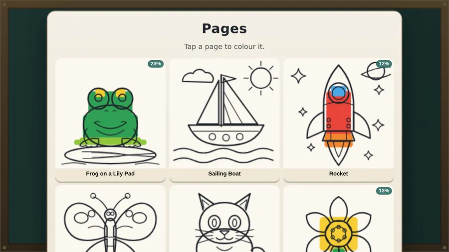 Pages grid of outline drawings: a frog at 23%, a sailing boat, a rocket at 12%, a butterfly, a cat and a flower at 13%