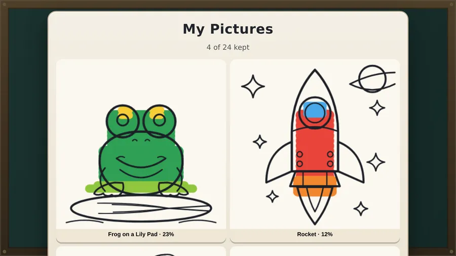 My Pictures, 4 of 24 kept: a green frog on a lily pad at 23% and a red rocket at 12%