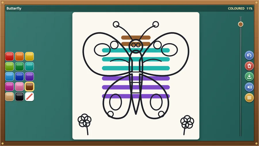 A butterfly page coloured with brown, teal, purple and pink bands across its body and wings, with 11 percent coloured.