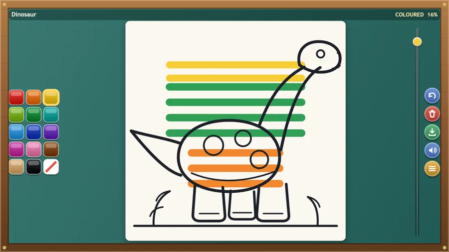 A long-necked dinosaur page coloured with yellow, green and orange bands, with 16 percent coloured.