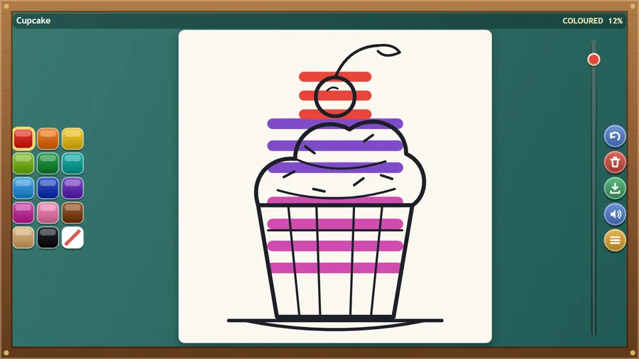 A cupcake page coloured with a red cherry, purple icing and pink wrapper stripes, with 12 percent coloured.