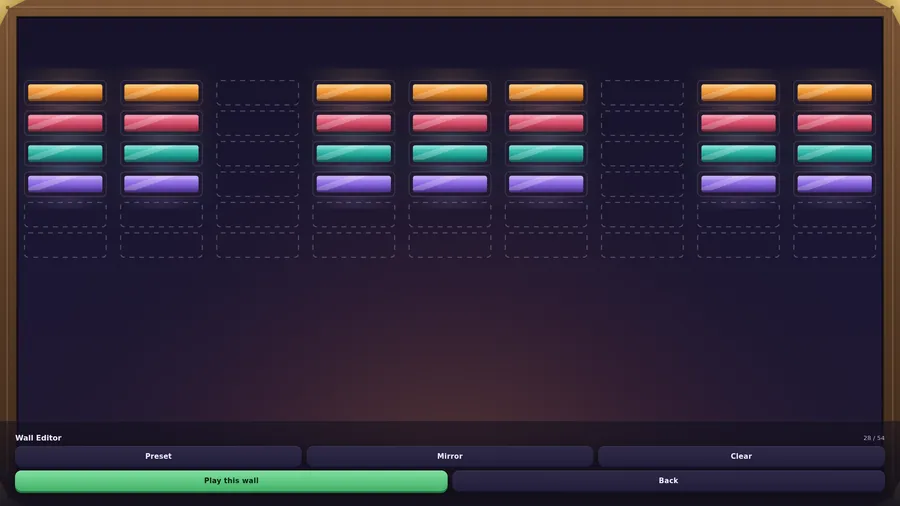 Editor de muro: filas de vidrios naranjas, rosas, turquesa y violeta con huecos punteados vacíos, 28/54, con Preset, Mirror, Clear y Play this wall
