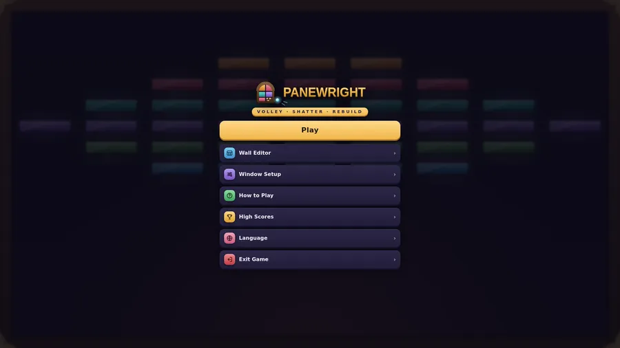 Menú de Panewright con un logo de vidriera y el lema Volley · Shatter · Rebuild: Play, Wall Editor, Window Setup y más