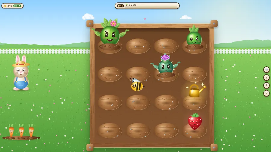 Level 4: weeds, a thistle, a bee, a berry and a golden watering can in the garden bed, with a combo counter at top left.