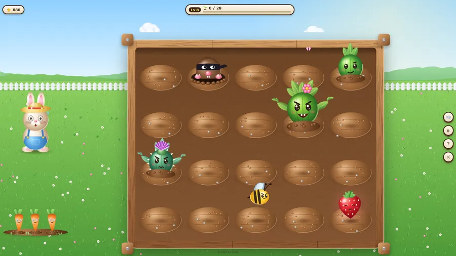 Level 8: a mole with a mask pops from its hole among weeds, thistles and a bee in a wider five-column bed.