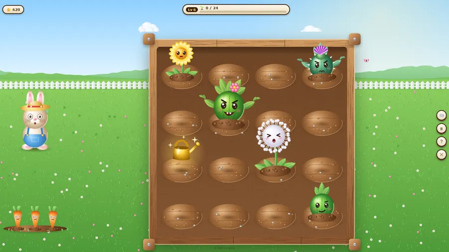 Level 6: a sunflower, a white dandelion puff, weeds and a golden watering can across the garden bed.