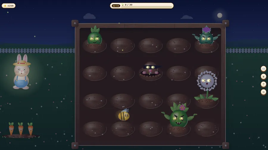 Level 11 at night: a dark garden bed lit softly, with glowing-eyed weeds, a mole, a dandelion and a bee.