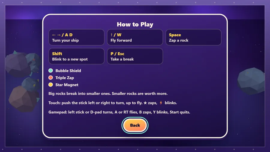 How to Play panel: keys to turn, fly, zap, blink and pause, the three gifts, and the touch stick and gamepad lines