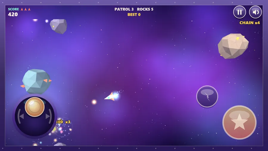 A small ship zaps pale rocks in deep space, with score 420, a chain x4 bonus and touch controls at the bottom corners.