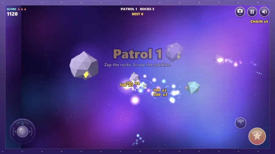 Patrol 1 begins with the hint Zap the rocks, Scoop the sparkles, as score 1,120 and a chain x5 pile up.