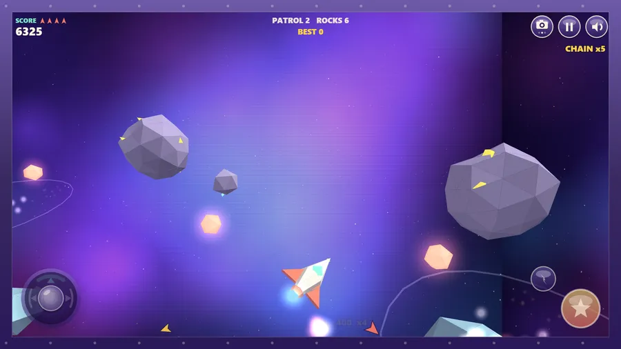 The ship in Patrol 2 flies near big and small rocks and glowing orange gems, with score 6,325 and a chain x5.
