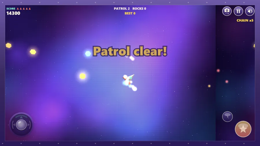 Patrol clear! announces the end of a wave as the ship sits among glowing sparkles, with score 14,300.