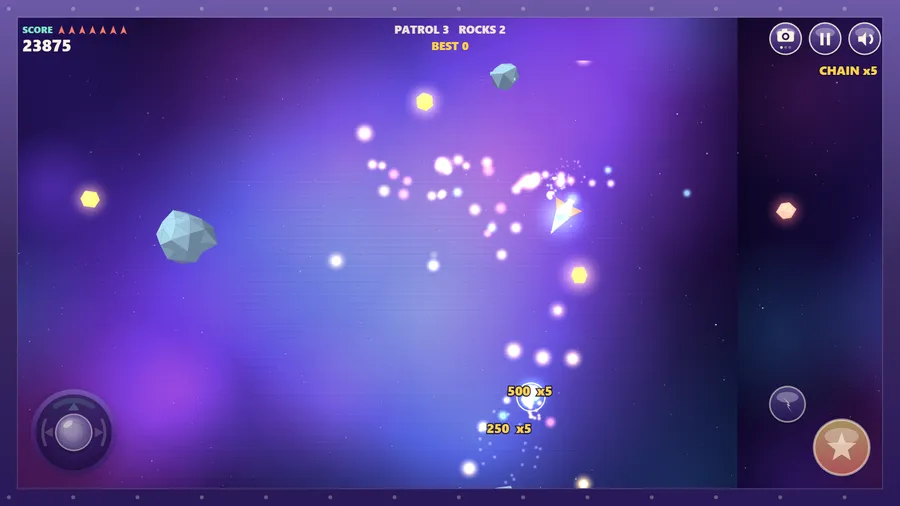 Patrol 3 with a few small rocks left and a burst of pink and white sparkles trailing the ship, score 23,875.