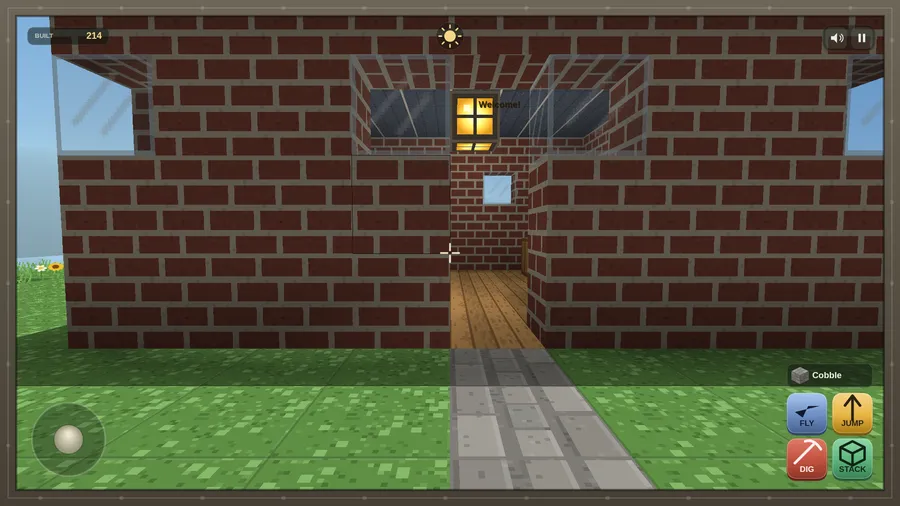 A brick cottage doorway with glass windows, a lit lantern and a Welcome! sign above a cobble path; Built 214