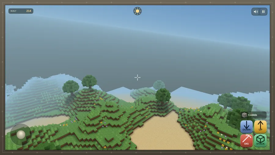 Flying over grassy block hills, trees and sand under a hazy sky, with Down, Up, Dig and Stack buttons; Built 214